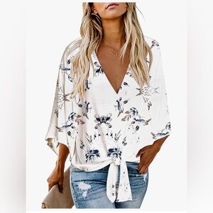 Floral Blouse Batwing Sleeve Loose Fitting Shirts Boho Knot Front Top